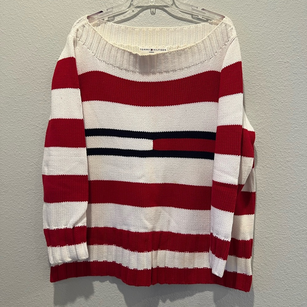 Vintage Tommy Hilfiger Sweater Red White Striped Flag Boat neck Cotton Size 2X